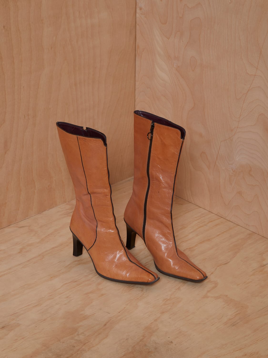 Vintage Leather Heeled Boots with Contrasting Trim