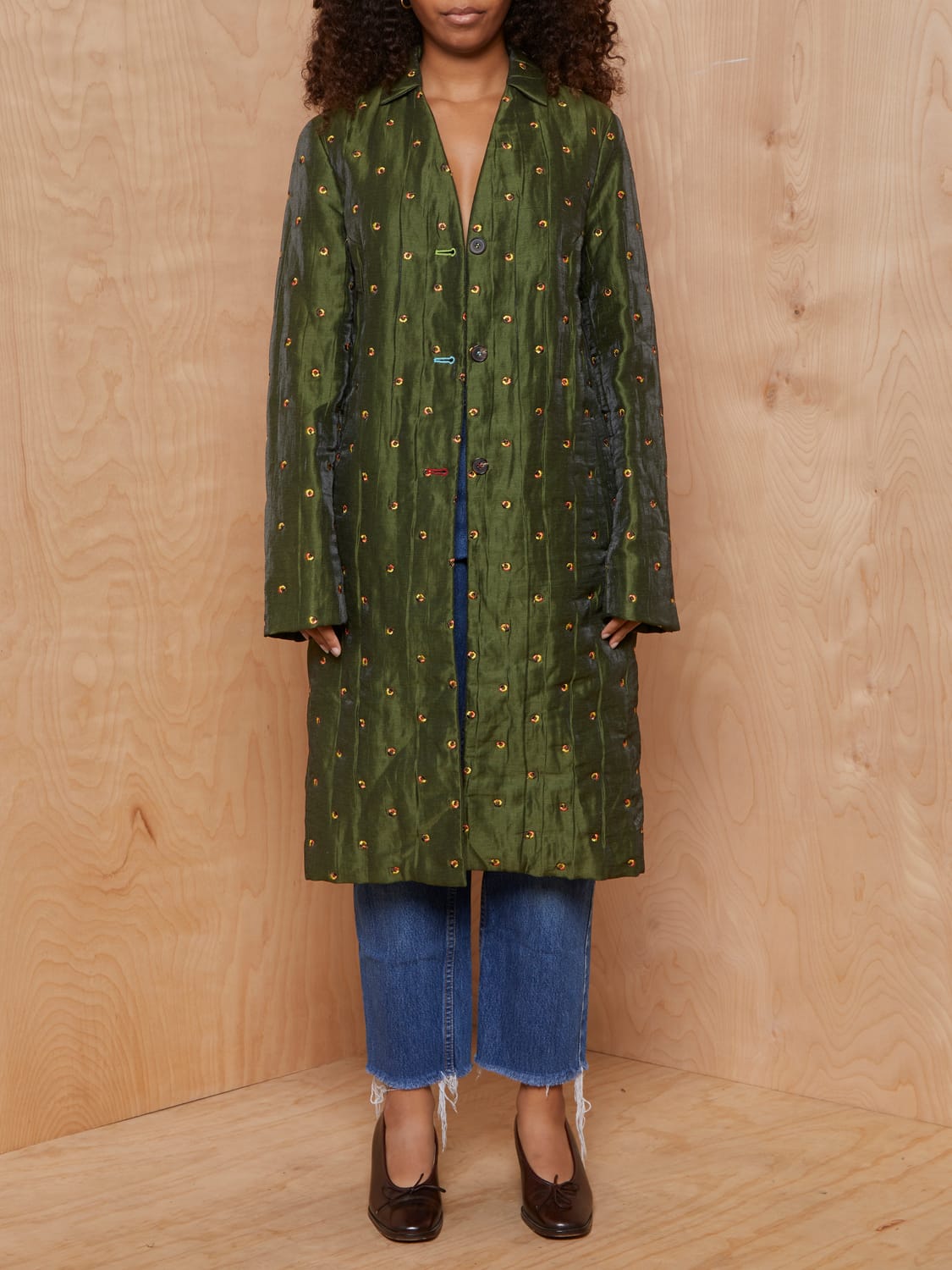 Vintage Irridescent Green Coat with Autumnal Embroidery