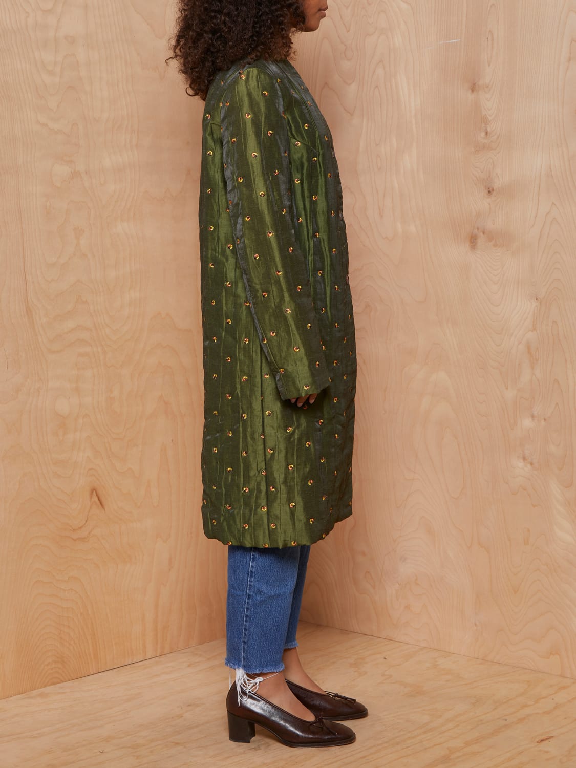 Vintage Irridescent Green Coat with Autumnal Embroidery