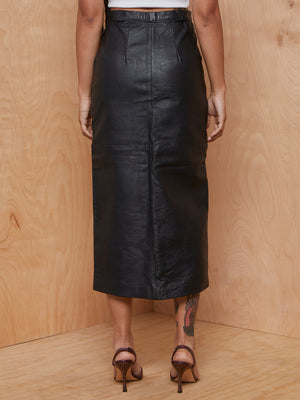 Vintage Black Leather Midi Skirt