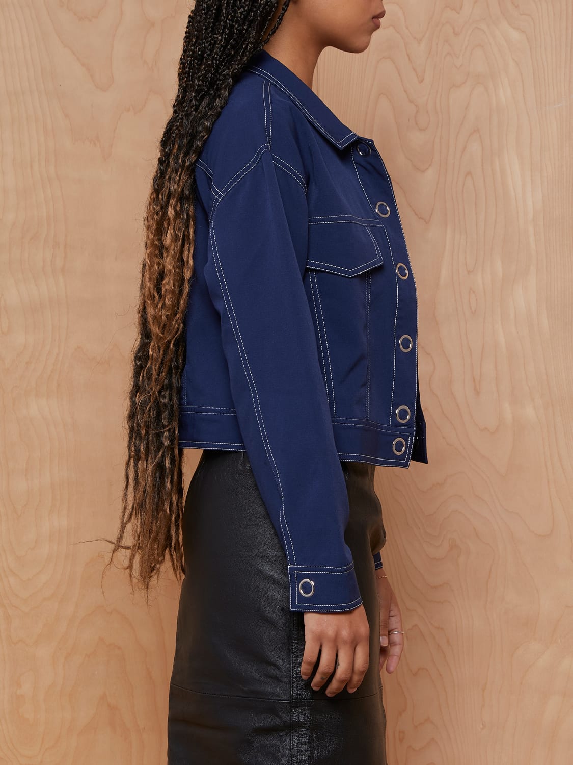 Pomelo Navy Contrast Stitching Cropped Jacket