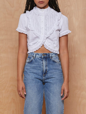 ARE YOU AM I White Bibbed Crop Top with Eyelet Trim