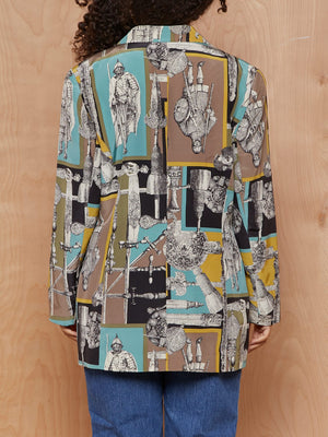 Vintage Grey, Teal and Chartruese Blazer with Classical Imagery