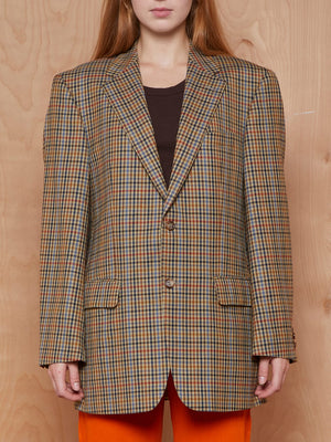 Vintage Tan, Red and Blue Check Wool Blazer