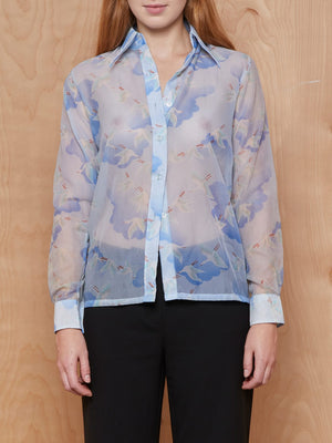 Vintage Blue Sheer Bird and Cloud Button Up