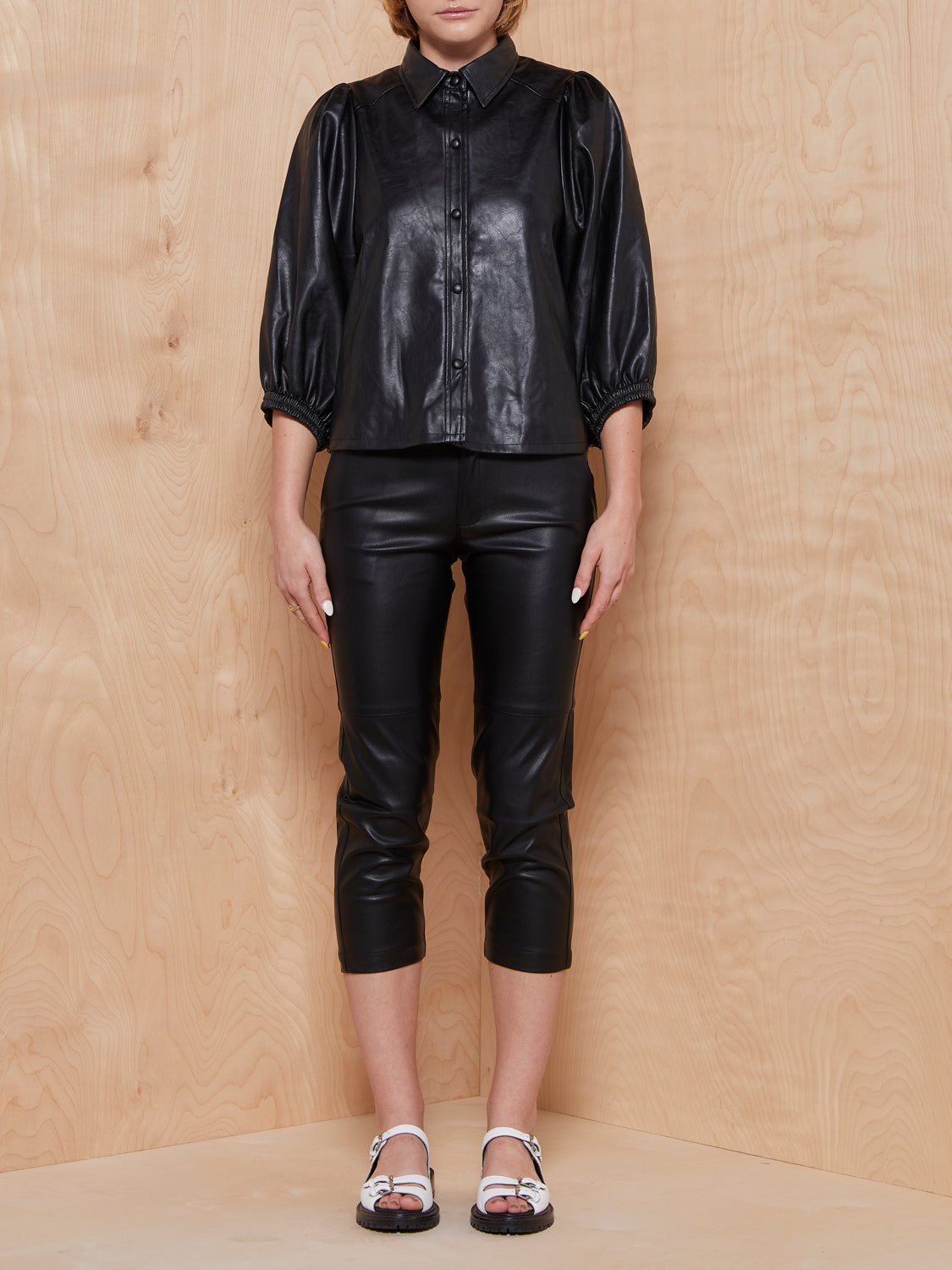 Verified Black Vegan Leather Top with Puff Sleeves