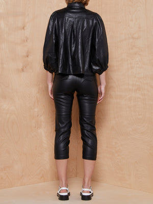 Verified Black Vegan Leather Top with Puff Sleeves