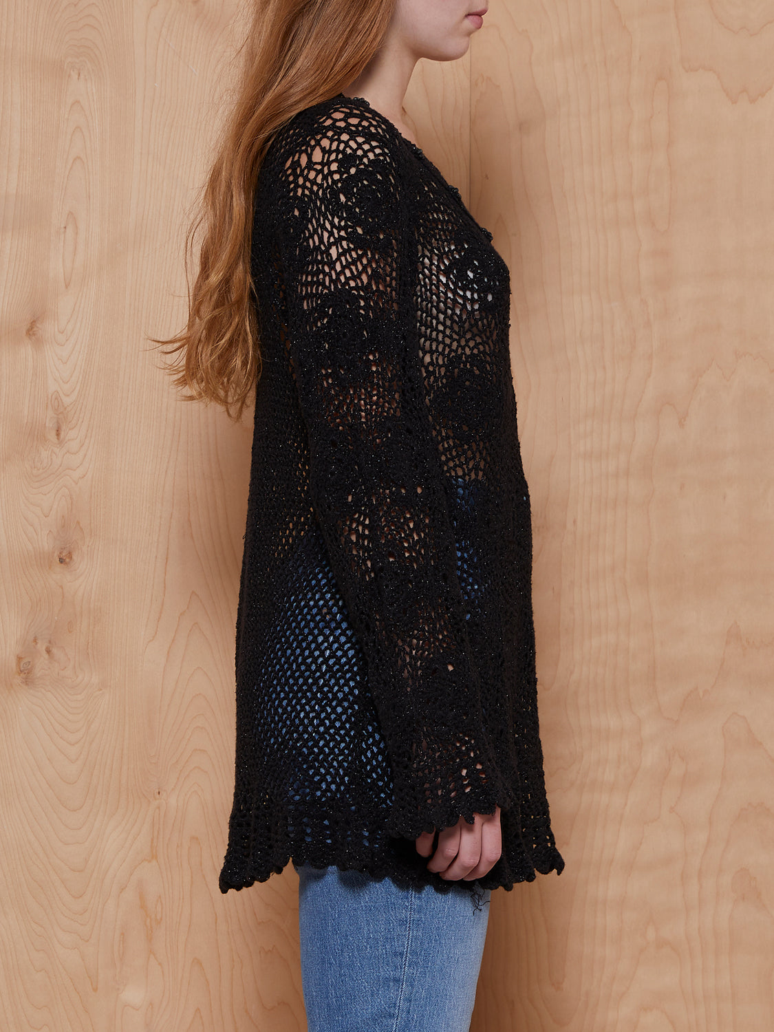 Vintage Black Crochet Longsleeve Dress with Collar Beading