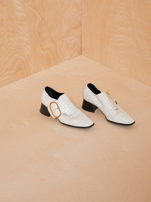 Stella McCartney White Croc Loafers with Gold Buckle