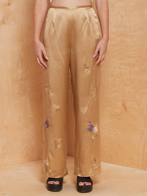 Vintage Gold Silk Pants with Embroidered Flowers
