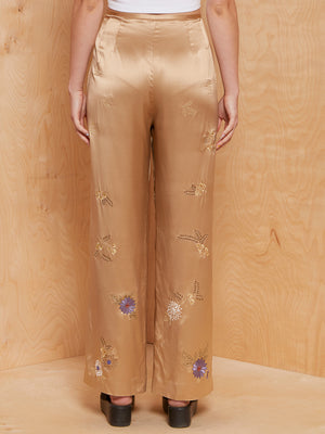 Vintage Gold Silk Pants with Embroidered Flowers