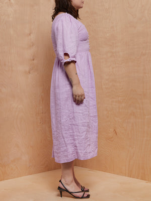 Tach Linen Purple Midi Dress with Button Detail