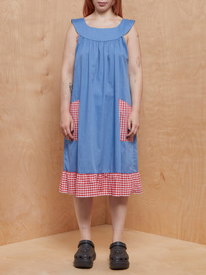 Vintage Blue Midi Dress with Red Gingham Trim and Pockets