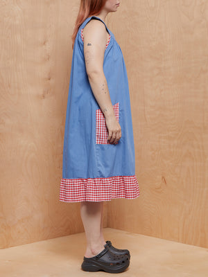 Vintage Blue Midi Dress with Red Gingham Trim and Pockets
