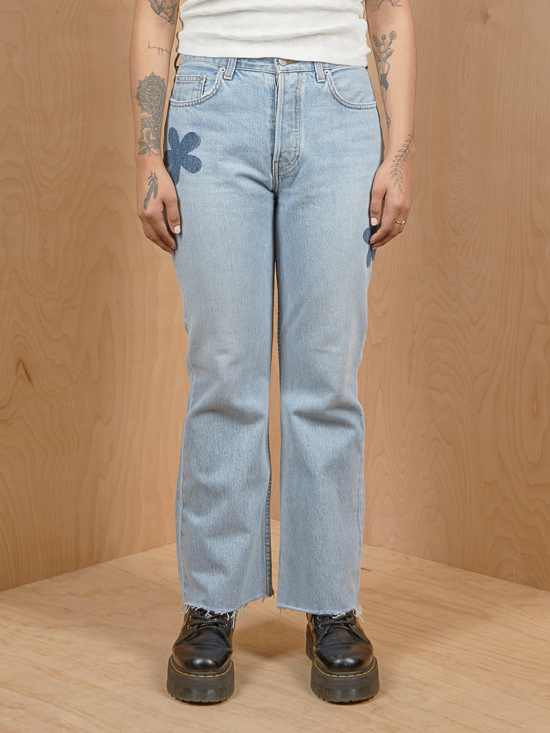 Reformation Light Washed Jeans with Flower Patches